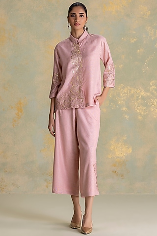 Blush Linen Blend Floral Embroidered Shirt by Kaveri