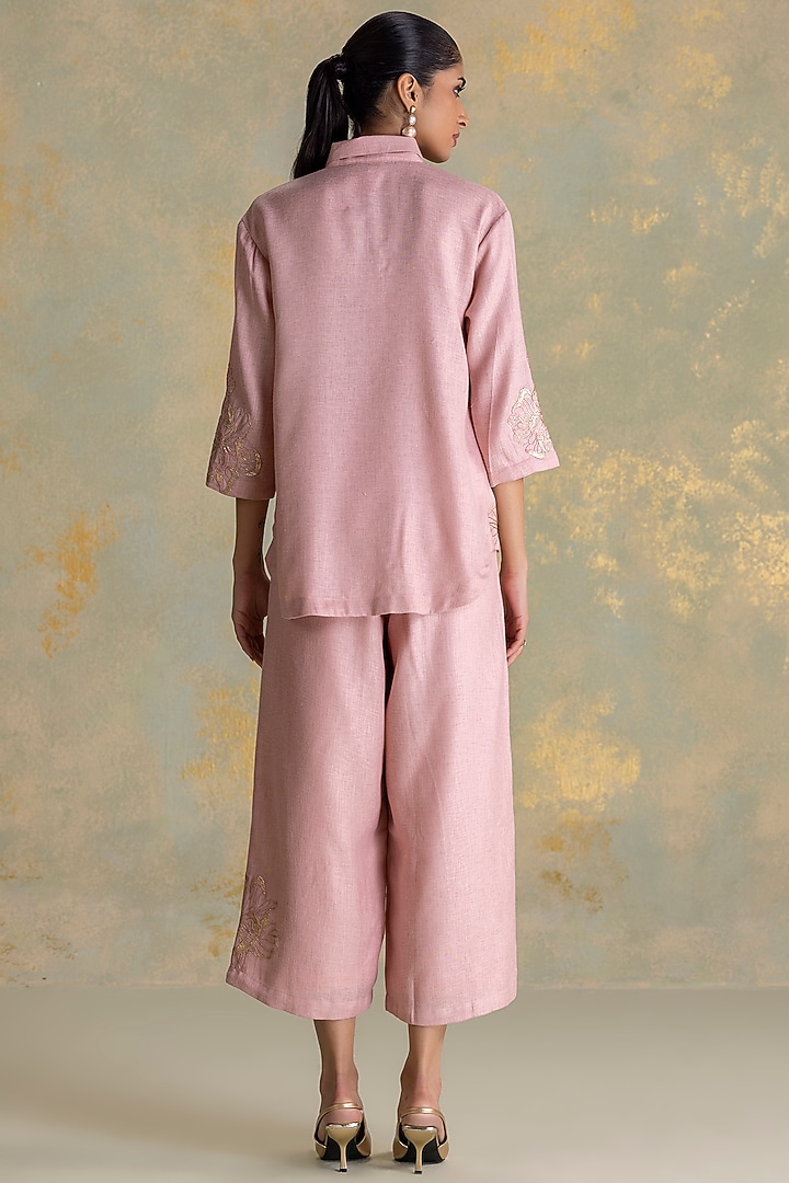 Blush Linen Blend Floral Embroidered Shirt by Kaveri at Pernia's Pop Up Shop