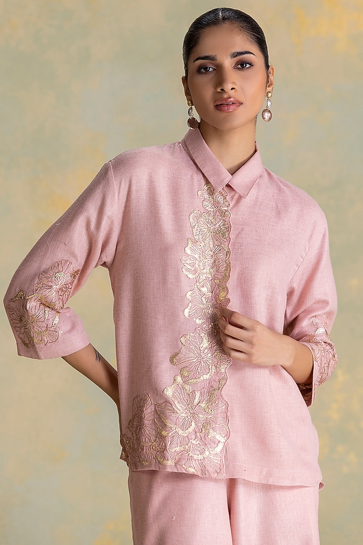 Blush Linen Blend Floral Embroidered Shirt by Kaveri at Pernia's Pop Up Shop