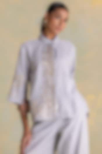 Smoke Grey Linen Blend Floral Embroidered Shirt by Kaveri at Pernia's Pop Up Shop