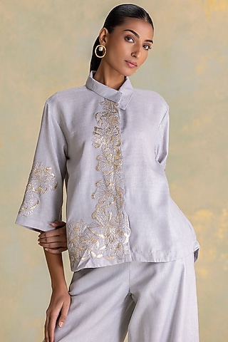 Smoke Grey Linen Blend Floral Embroidered Shirt by Kaveri