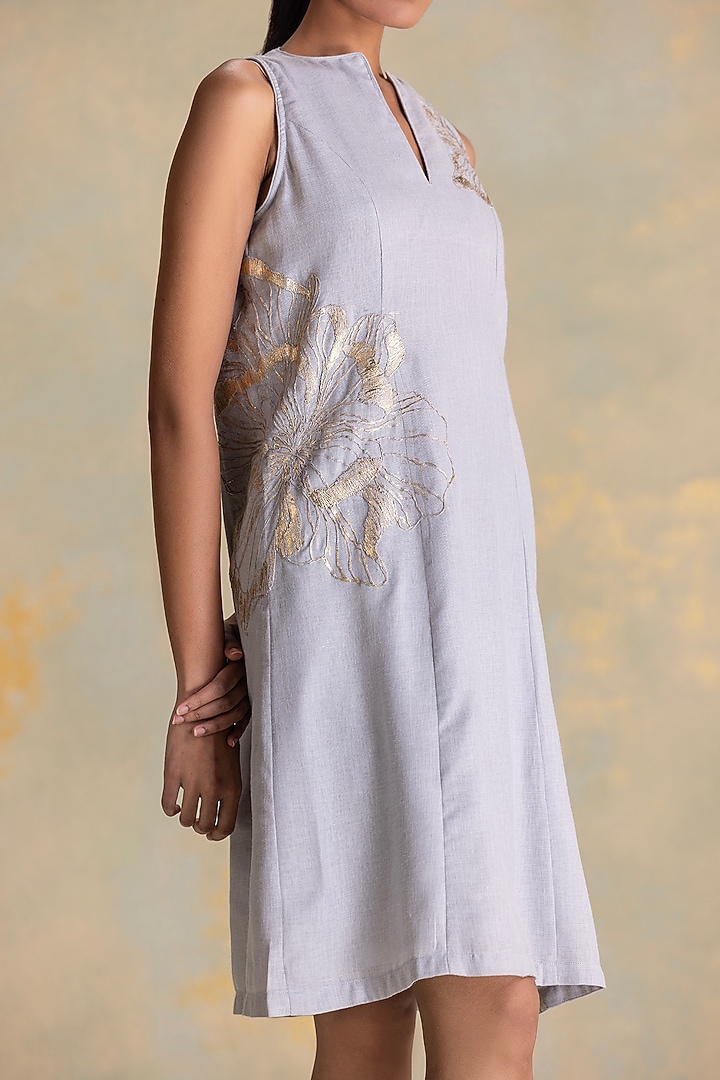 Smoke Grey Linen Blend Floral Embroidered Sleeveless Summer Dress by Kaveri at Pernia's Pop Up Shop