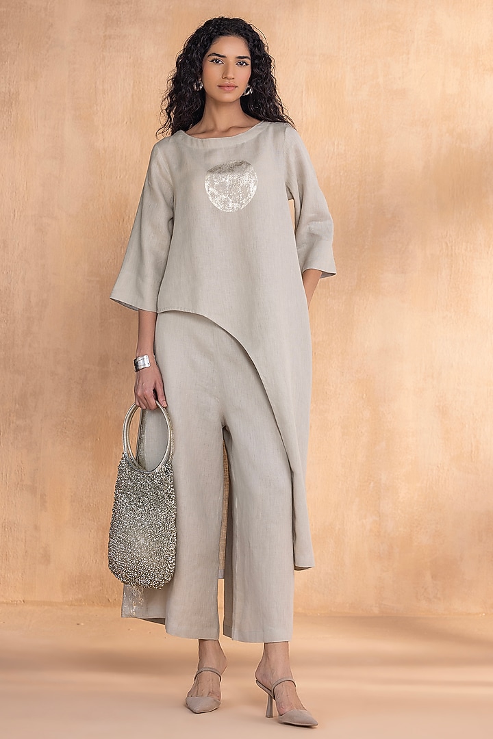 Moss-Colored Linen Hand-Screen Printed Co-Ord Set by Kaveri at Pernia's Pop Up Shop