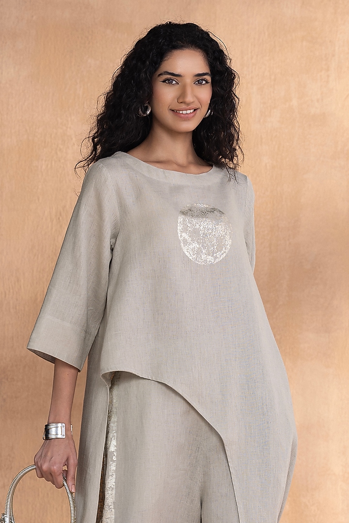 Moss-Colored Linen Hand-Screen Printed Co-Ord Set by Kaveri at Pernia's Pop Up Shop