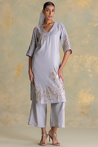 Smoke Grey Linen Blend Floral Printed Kurta Set by Kaveri