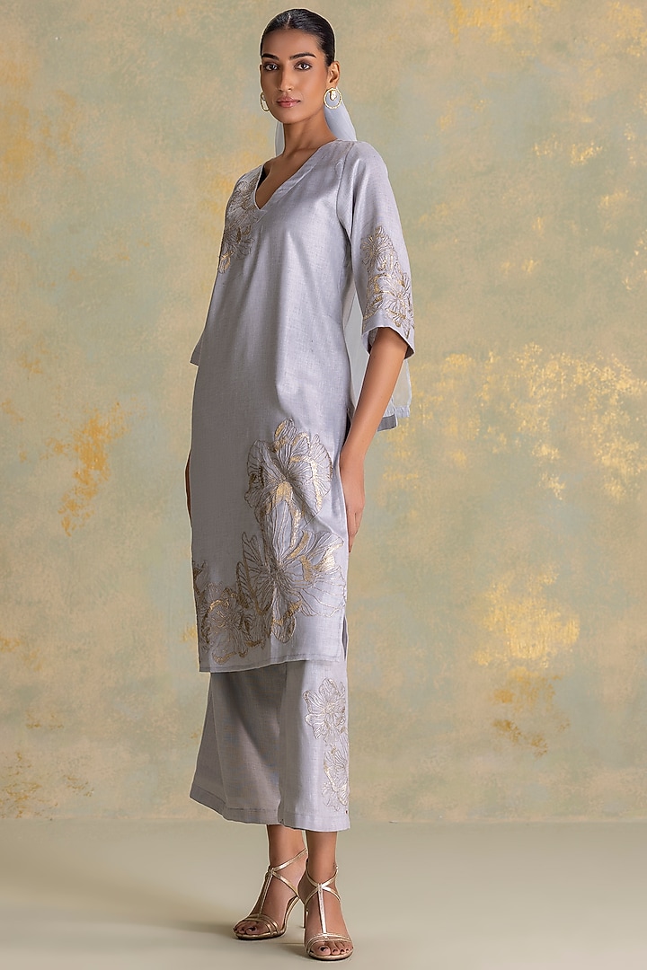 Smoke Grey Linen Blend Floral Printed Kurta Set by Kaveri at Pernia's Pop Up Shop