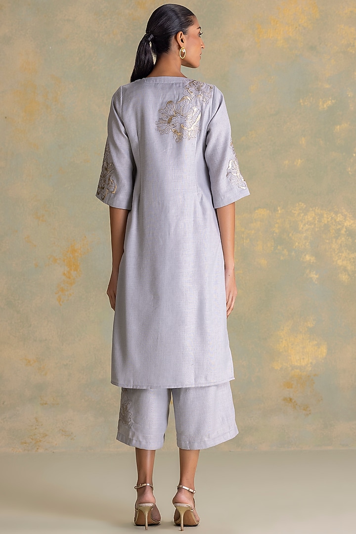 Smoke Grey Linen Blend Floral Printed Kurta Set by Kaveri at Pernia's Pop Up Shop