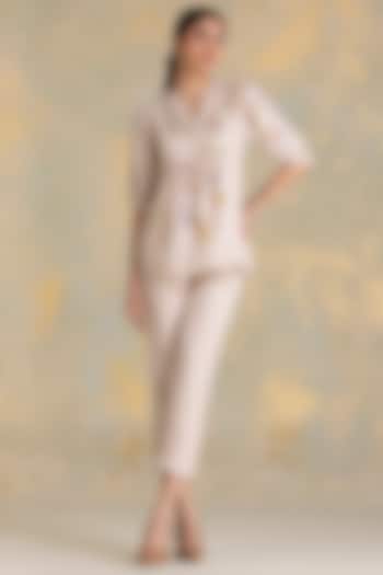 Natural Beige Linen Blend Floral Printed Co-Ord Set by Kaveri at Pernia's Pop Up Shop