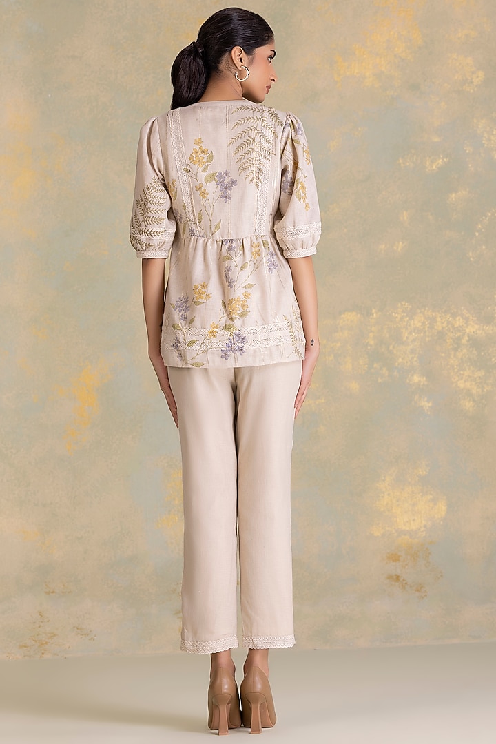 Natural Beige Linen Blend Floral Printed Co-Ord Set by Kaveri at Pernia's Pop Up Shop