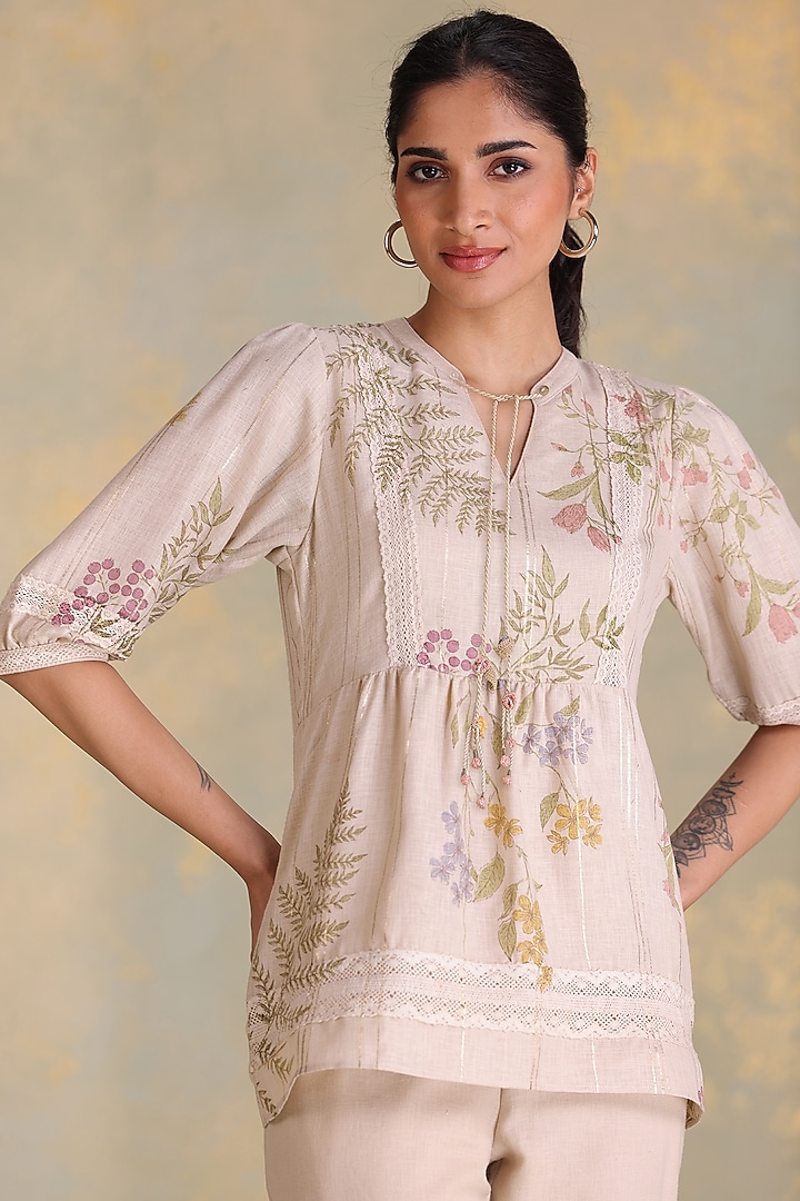 Natural Beige Linen Blend Floral Printed Co-Ord Set by Kaveri at Pernia's Pop Up Shop