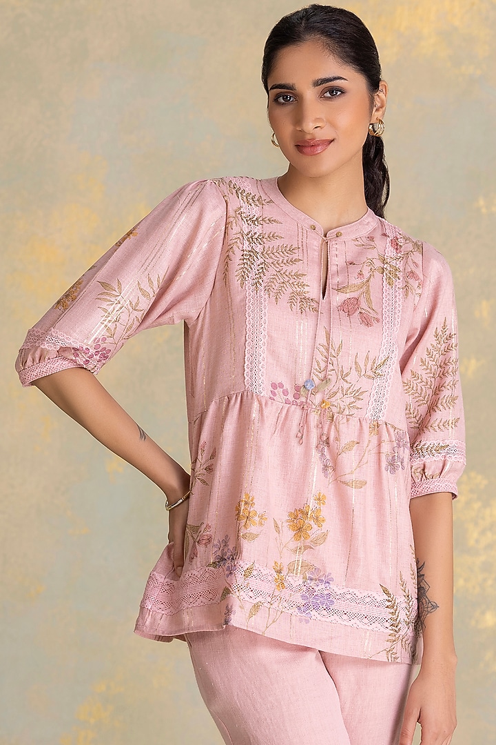 Blush Linen Blend Floral Printed Co-Ord Set by Kaveri at Pernia's Pop Up Shop