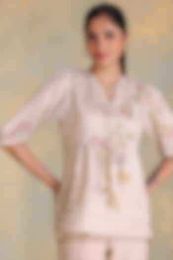 Natural Beige Linen Blend Screen Printed Top by Kaveri at Pernia's Pop Up Shop