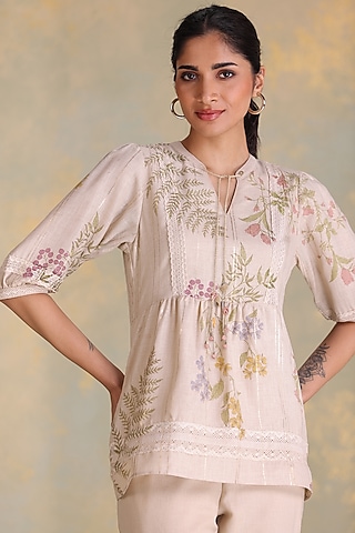 Natural Beige Linen Blend Screen Printed Top by Kaveri