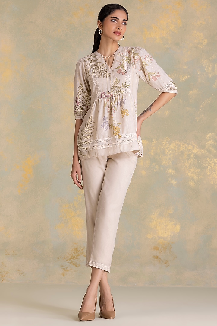 Natural Beige Linen Blend Screen Printed Top by Kaveri at Pernia's Pop Up Shop