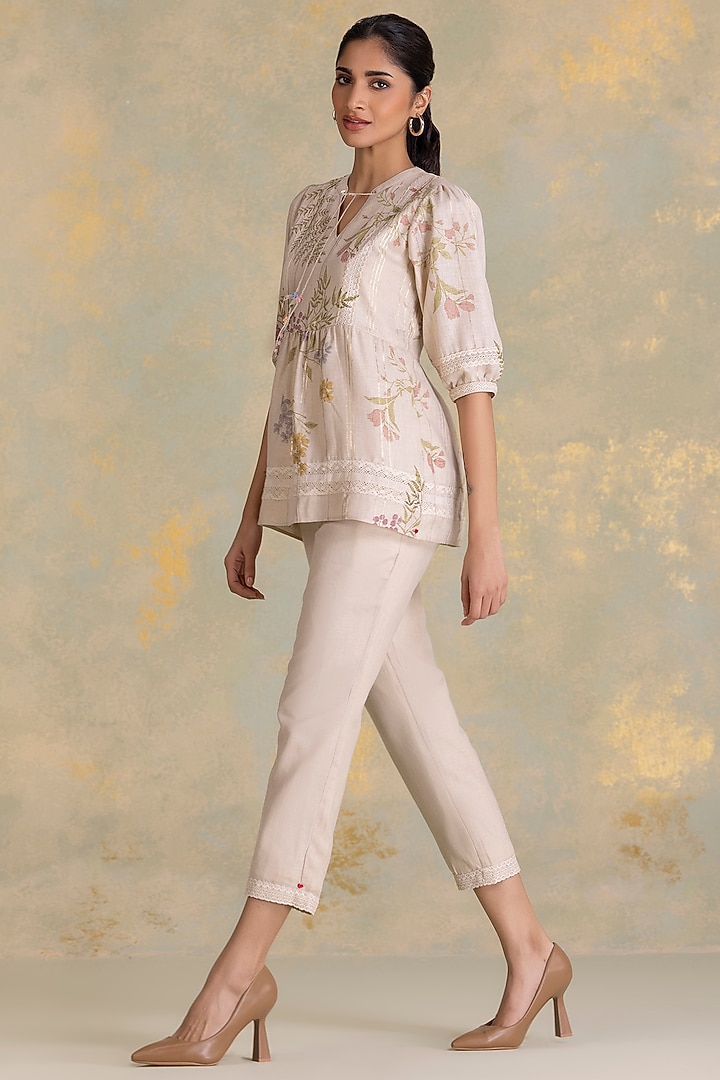 Natural Beige Linen Blend Screen Printed Top by Kaveri at Pernia's Pop Up Shop