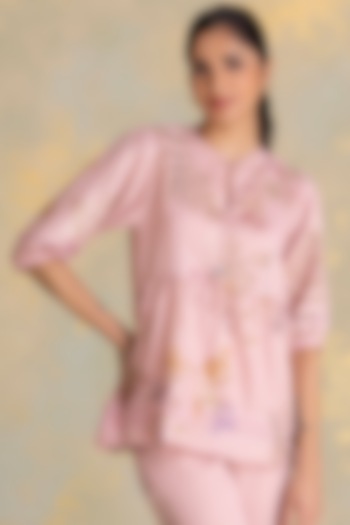 Blush Linen Blend Screen Printed Top by Kaveri at Pernia's Pop Up Shop