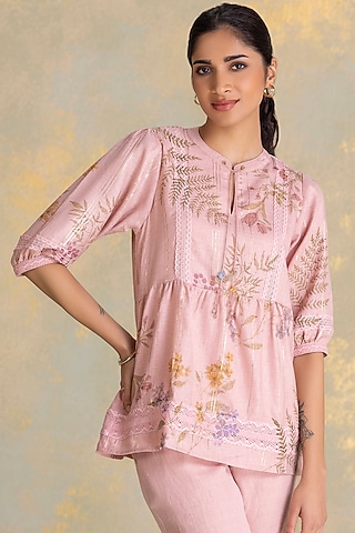 Blush Linen Blend Screen Printed Top by Kaveri