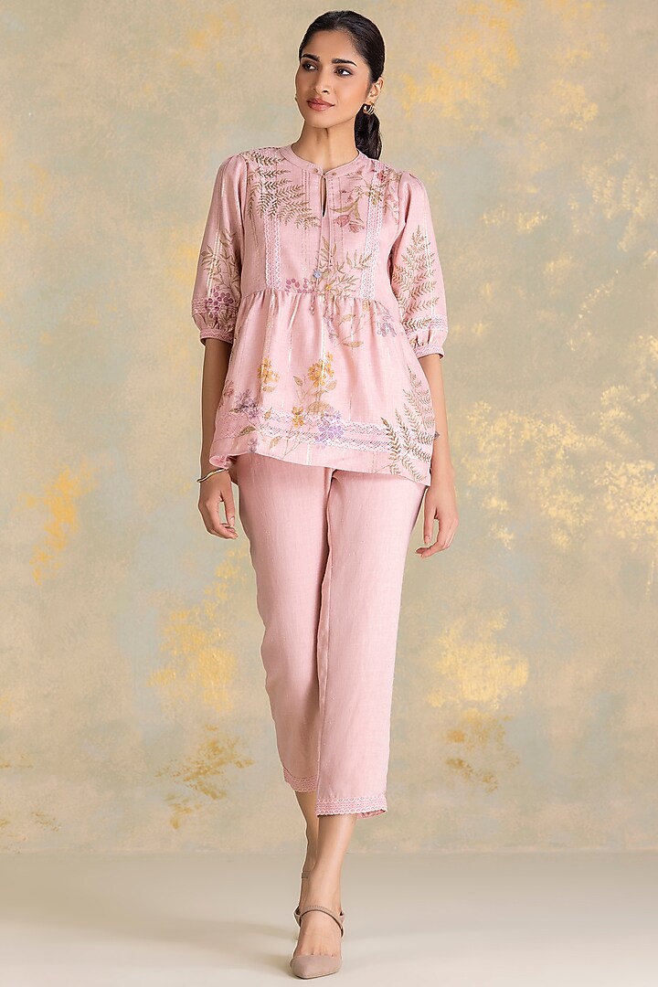Blush Linen Blend Screen Printed Top by Kaveri at Pernia's Pop Up Shop