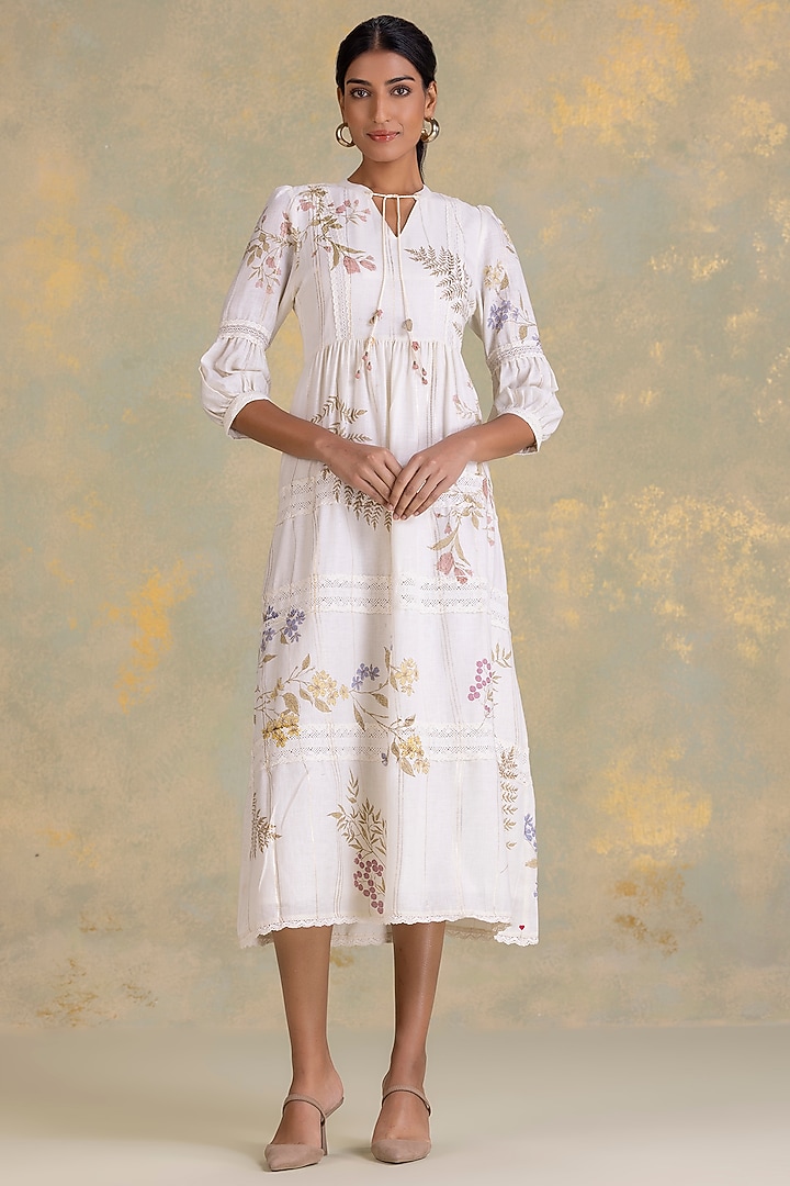 Off-White Linen Blend Screen Printed Vacation Dress by Kaveri at Pernia's Pop Up Shop