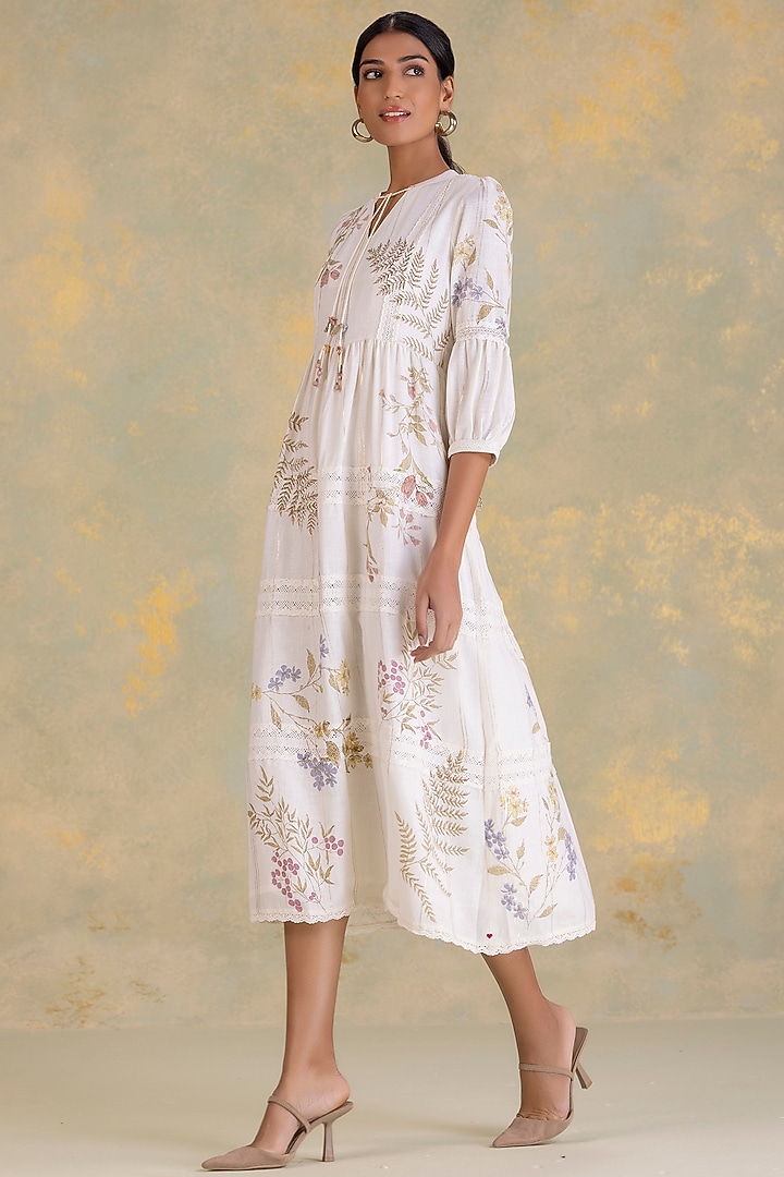 Off-White Linen Blend Screen Printed Vacation Dress by Kaveri at Pernia's Pop Up Shop