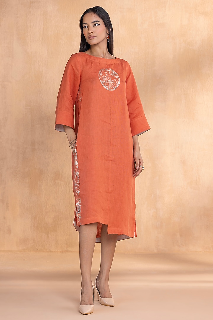 Tangerine Linen Hand-Screen Printed Summer Dress by Kaveri at Pernia's Pop Up Shop