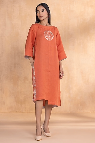 Tangerine Linen Hand-Screen Printed Dress by Kaveri