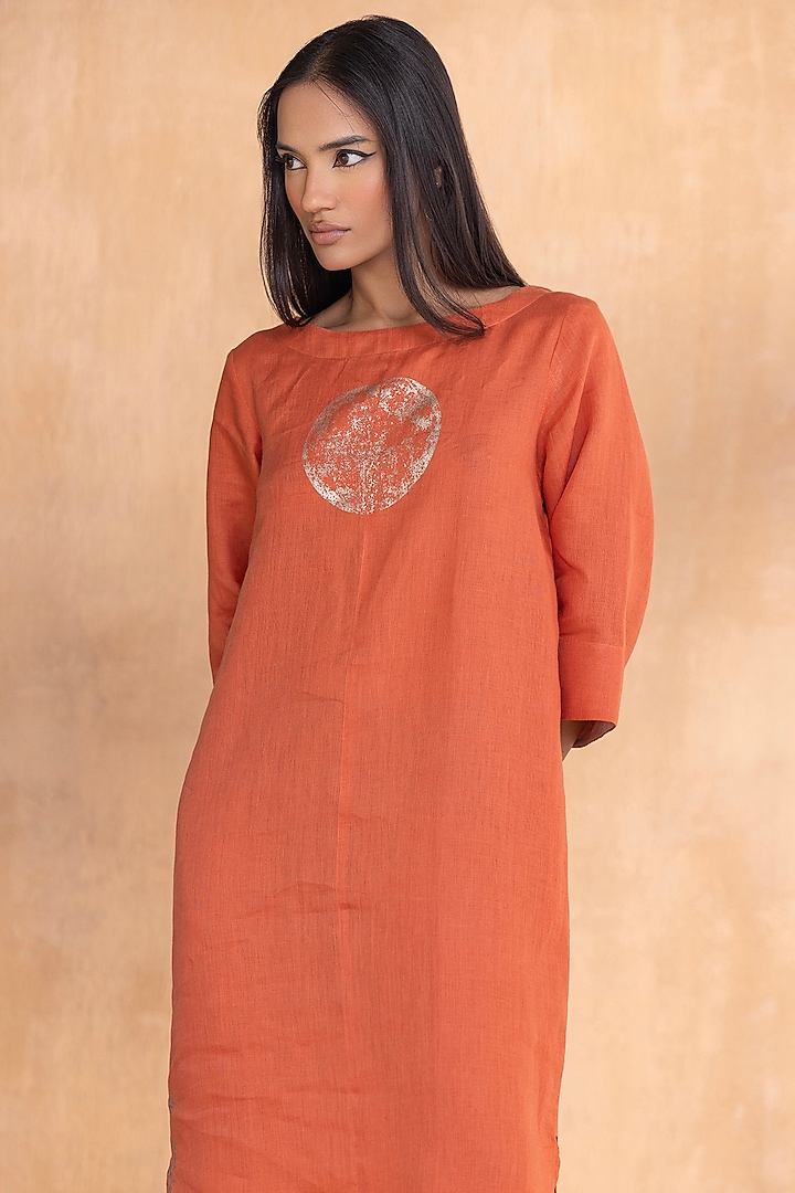 Tangerine Linen Hand-Screen Printed Summer Dress by Kaveri at Pernia's Pop Up Shop