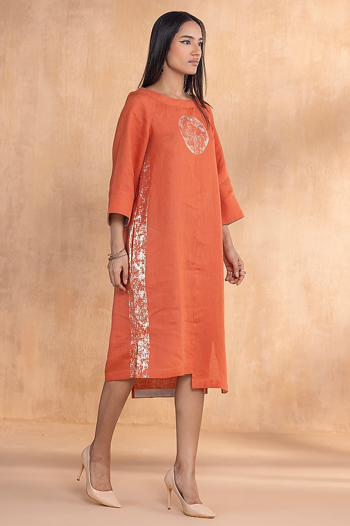 Tangerine Linen Hand-Screen Printed Summer Dress by Kaveri at Pernia's Pop Up Shop