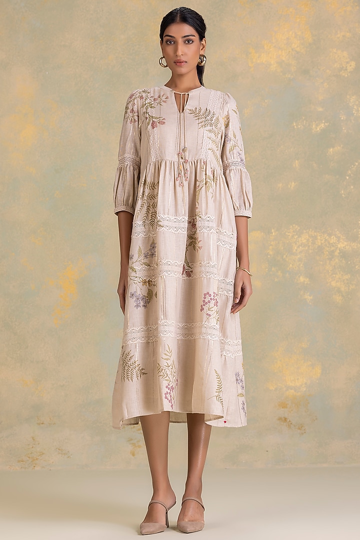 Natural Beige Linen Blend Screen Printed Vacation Dress by Kaveri at Pernia's Pop Up Shop