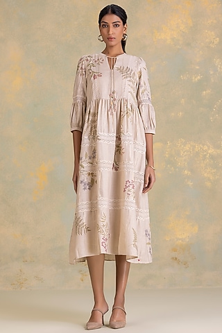 Natural Beige Linen Blend Screen Printed Dress by Kaveri