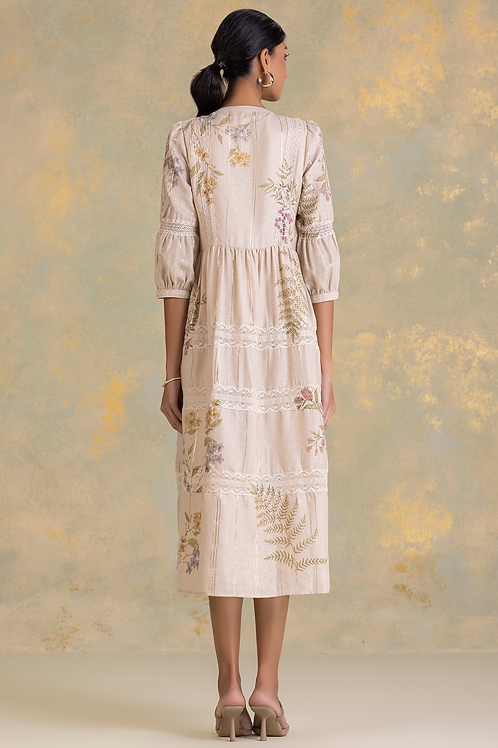 Natural Beige Linen Blend Screen Printed Vacation Dress by Kaveri at Pernia's Pop Up Shop