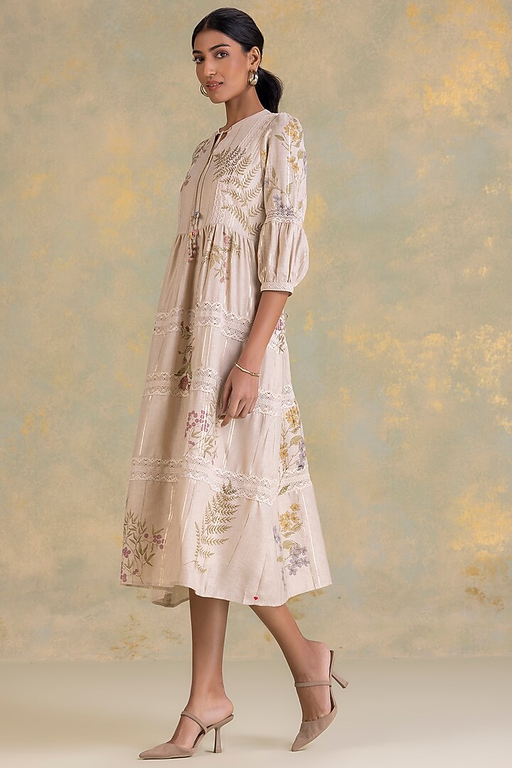Natural Beige Linen Blend Screen Printed Vacation Dress by Kaveri at Pernia's Pop Up Shop