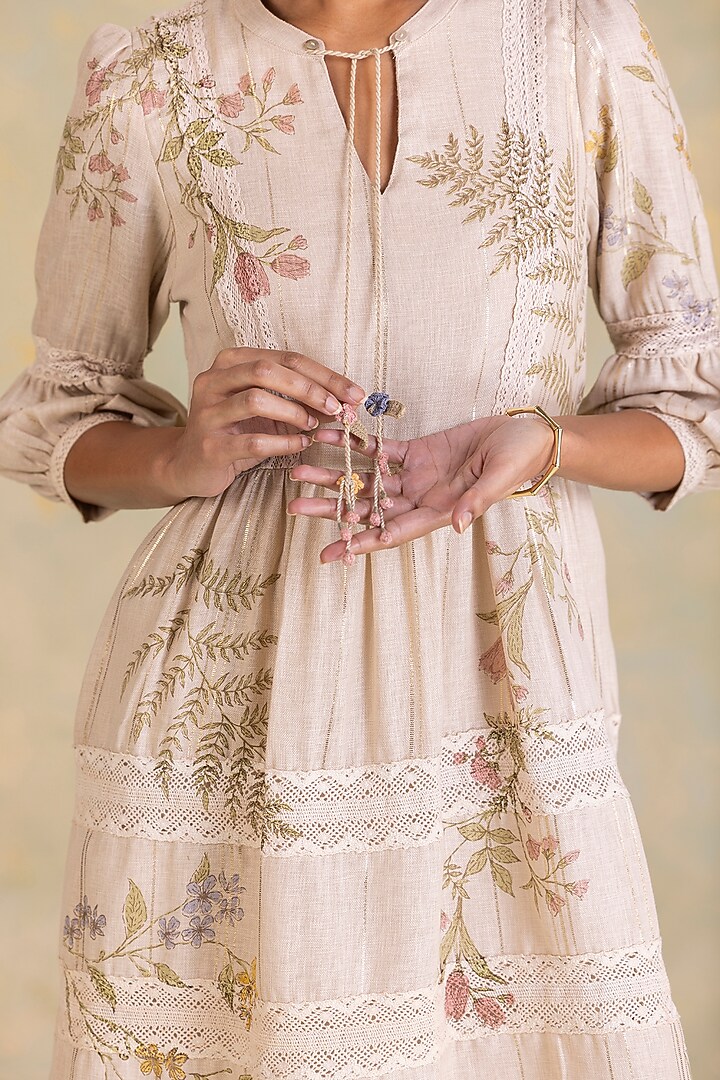 Natural Beige Linen Blend Screen Printed Vacation Dress by Kaveri at Pernia's Pop Up Shop