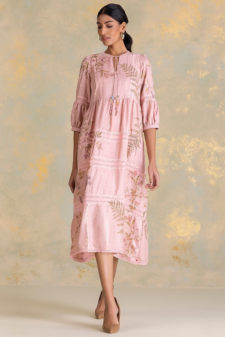 Blush Linen Blend Screen Printed Vacation Dress by Kaveri at Pernia's Pop Up Shop