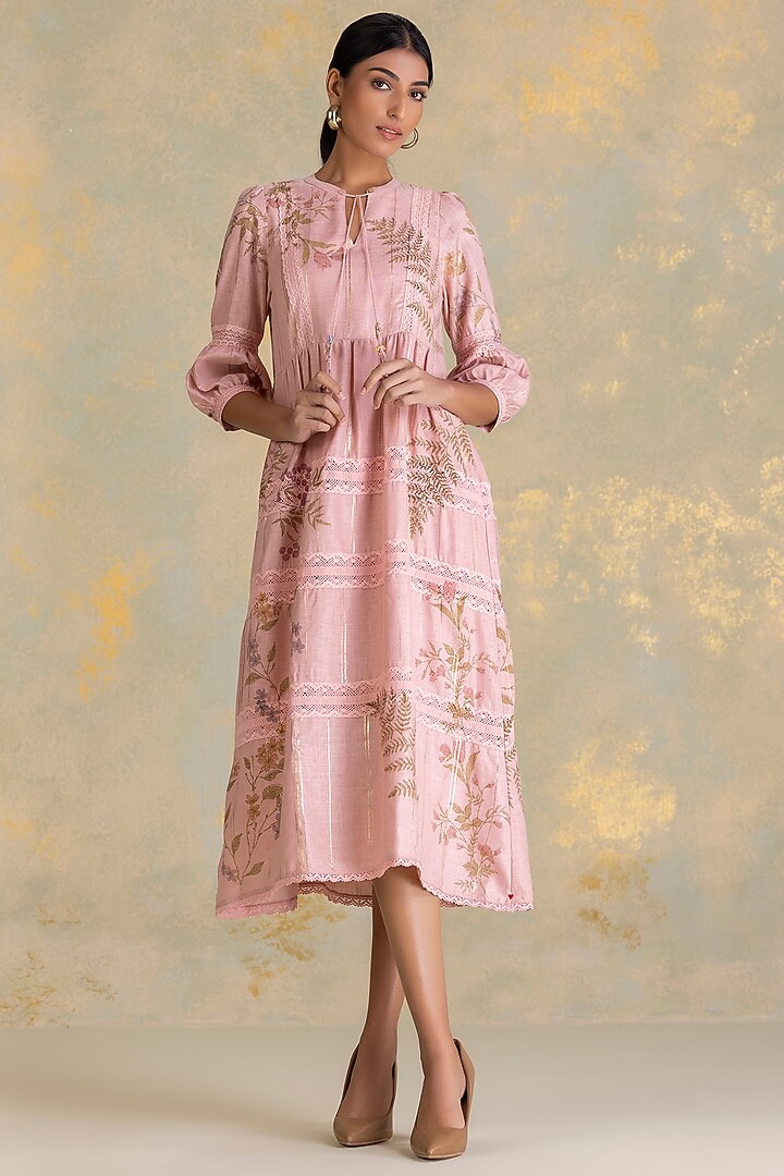 Blush Linen Blend Screen Printed Vacation Dress by Kaveri at Pernia's Pop Up Shop