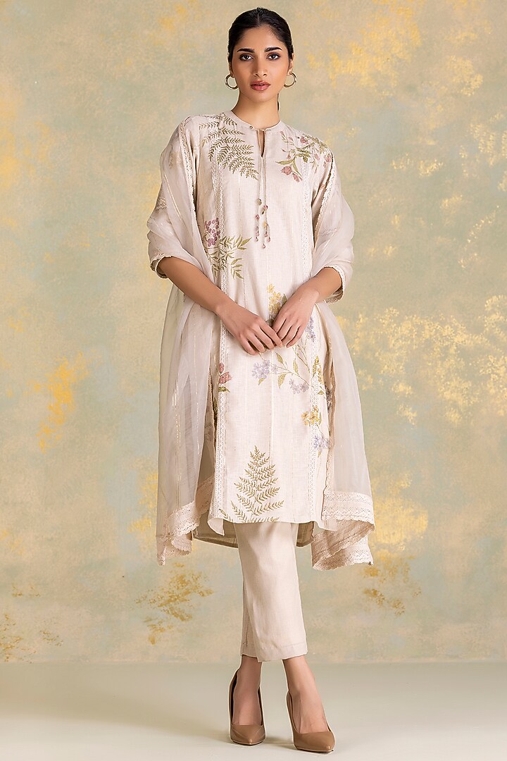 Natural Beige Linen Blend Screen Printed Kurta Set by Kaveri at Pernia's Pop Up Shop