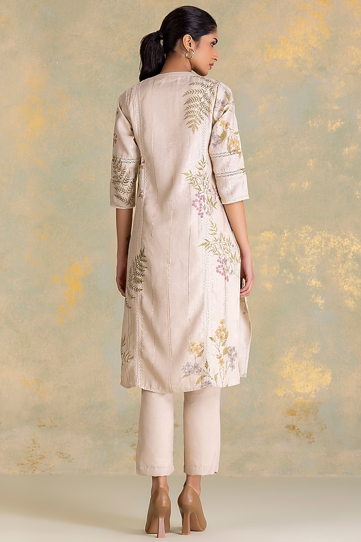 Natural Beige Linen Blend Screen Printed Kurta Set by Kaveri at Pernia's Pop Up Shop