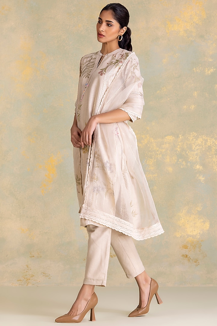 Natural Beige Linen Blend Screen Printed Kurta Set by Kaveri at Pernia's Pop Up Shop
