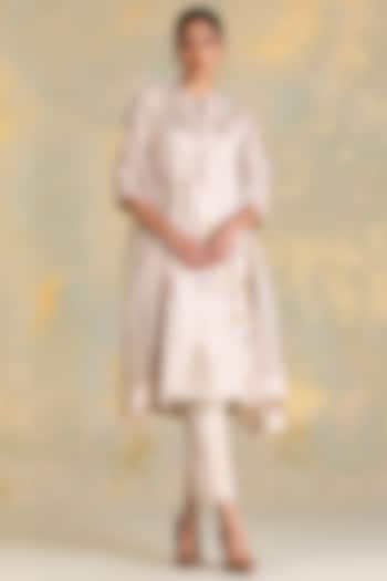 Natural Beige Linen Blend Screen Printed Kurta Set by Kaveri at Pernia's Pop Up Shop