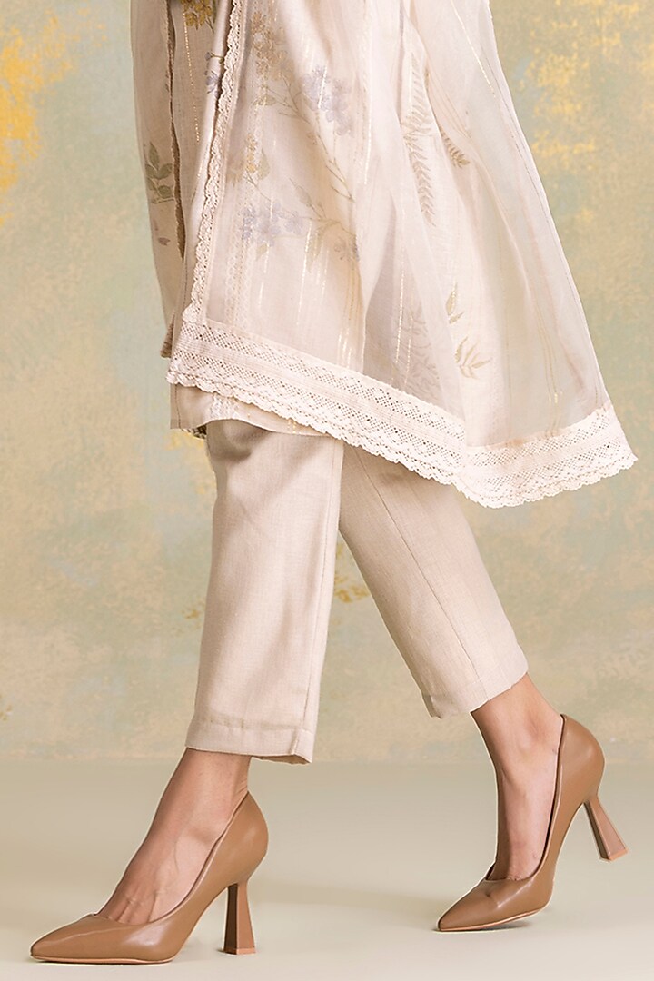 Natural Beige Linen Blend Screen Printed Kurta Set by Kaveri at Pernia's Pop Up Shop