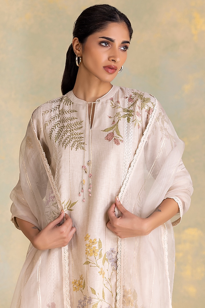Natural Beige Linen Blend Screen Printed Kurta Set by Kaveri at Pernia's Pop Up Shop