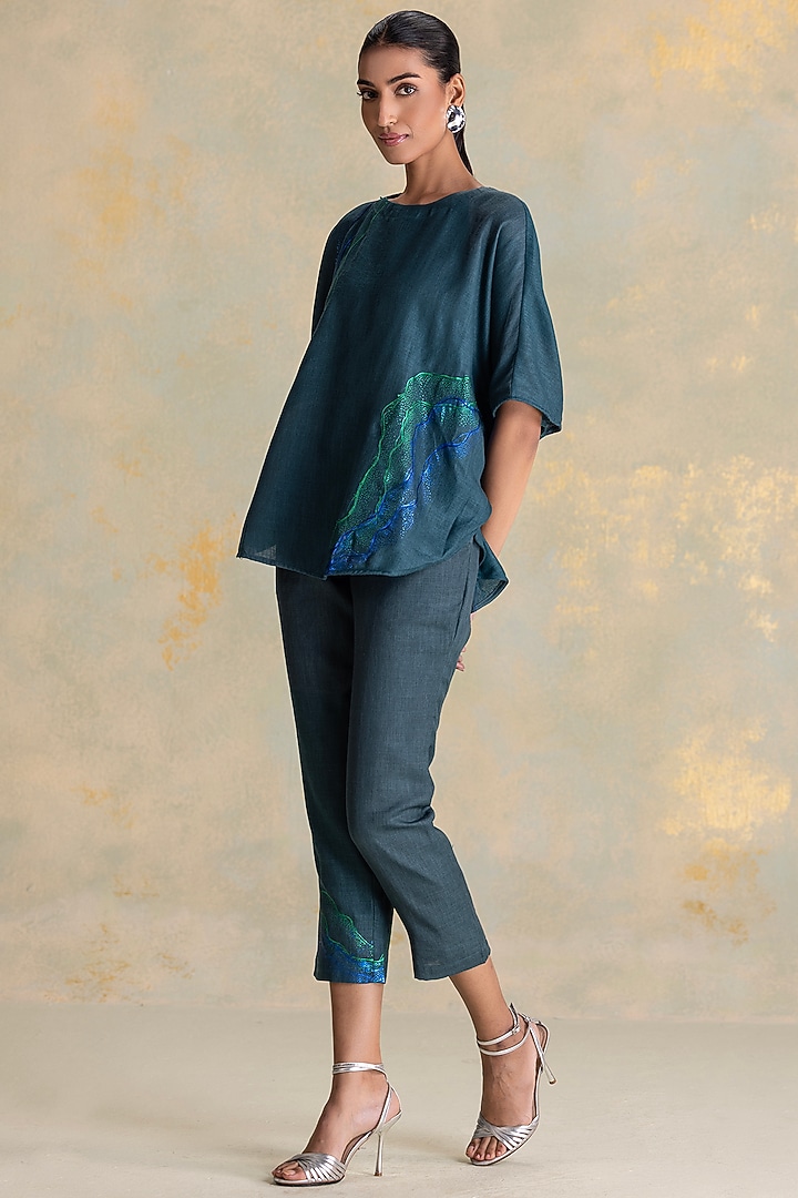 Forest-Colored Linen Blend Thread Embroidered Co-Ord Set by Kaveri at Pernia's Pop Up Shop