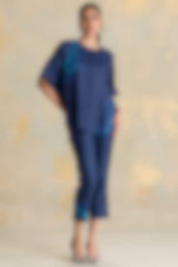 Navy Linen Blend Thread Embroidered Co-Ord Set by Kaveri at Pernia's Pop Up Shop