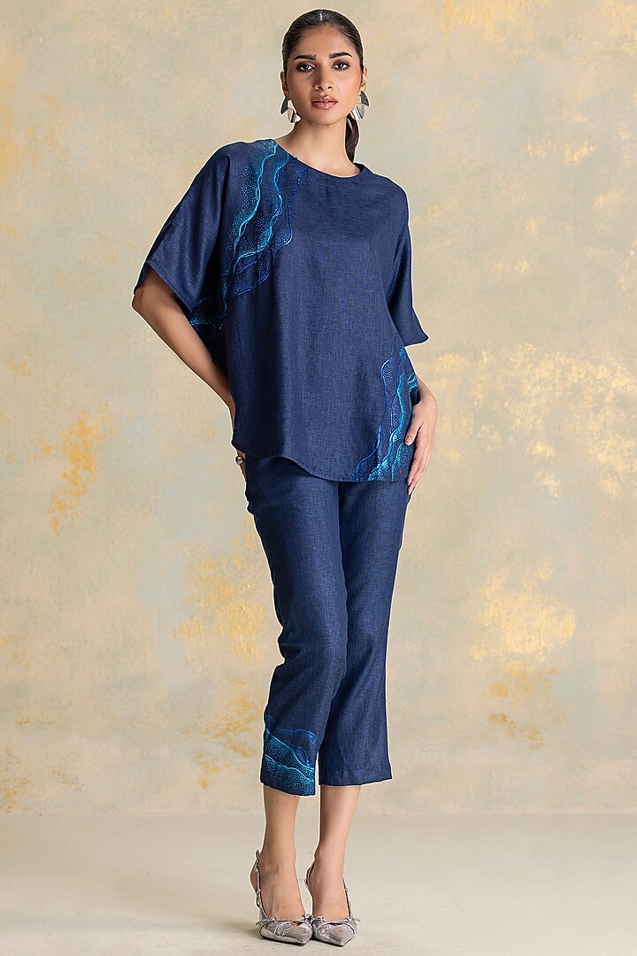 Navy Linen Blend Thread Embroidered Co-Ord Set by Kaveri at Pernia's Pop Up Shop