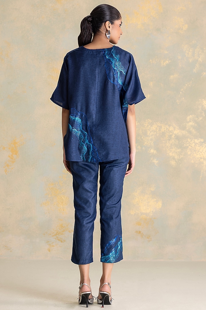 Navy Linen Blend Thread Embroidered Co-Ord Set by Kaveri at Pernia's Pop Up Shop