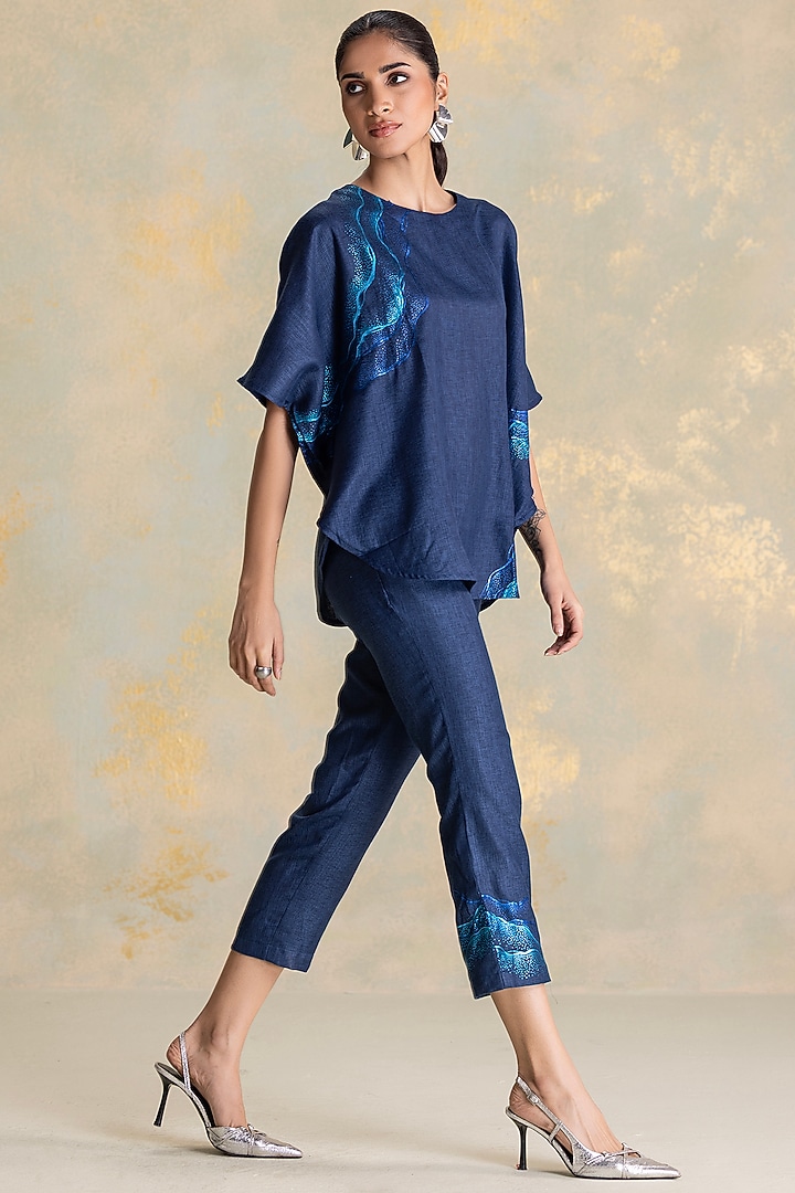 Navy Linen Blend Thread Embroidered Co-Ord Set by Kaveri at Pernia's Pop Up Shop