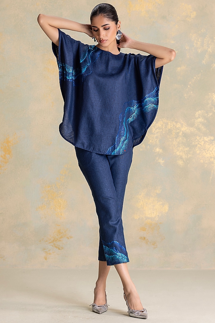 Navy Linen Blend Thread Embroidered Co-Ord Set by Kaveri at Pernia's Pop Up Shop