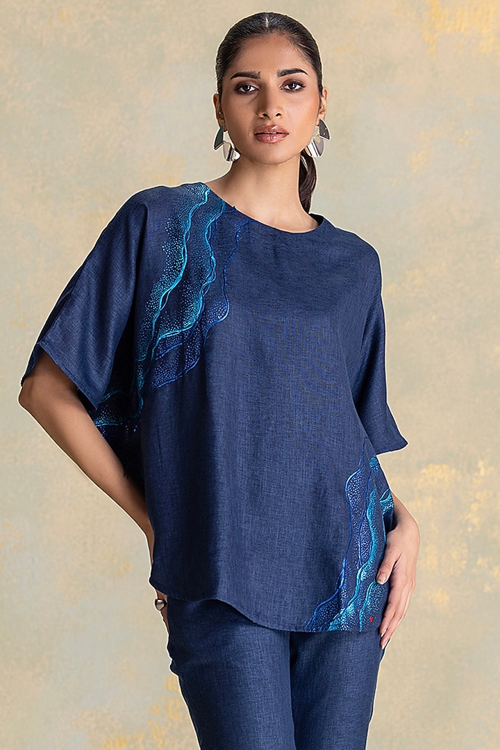 Navy Linen Blend Thread Embroidered Co-Ord Set by Kaveri at Pernia's Pop Up Shop