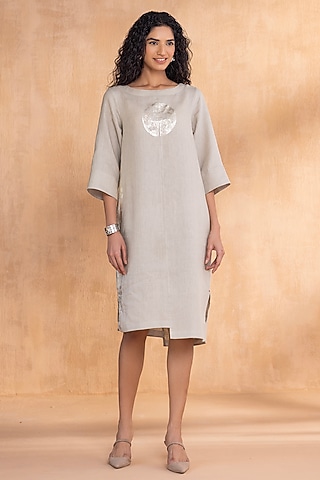 Moss-Colored Linen Hand-Screen Printed Dress by Kaveri