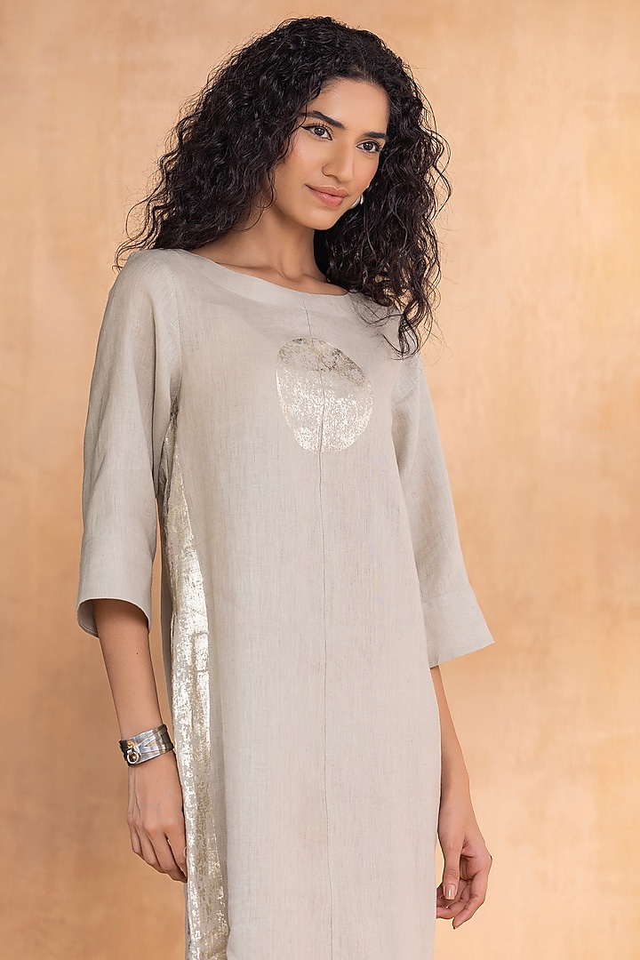 Moss-Colored Linen Hand-Screen Printed Summer Dress by Kaveri at Pernia's Pop Up Shop